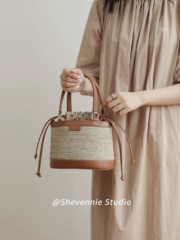 Stitched Straw Bucket Bag