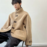 Men's Winter Heavyweight Lamb Wool Loose Fit Fashion Jacket with Leather Buttonhole Stand Collar