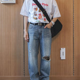 Korean Raw Edge Asymmetric Jeans Heavy Industry Wash Loose Fit