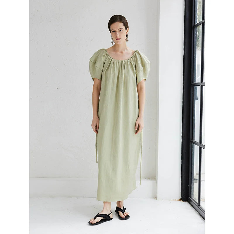 Linen Puff Sleeve Dress