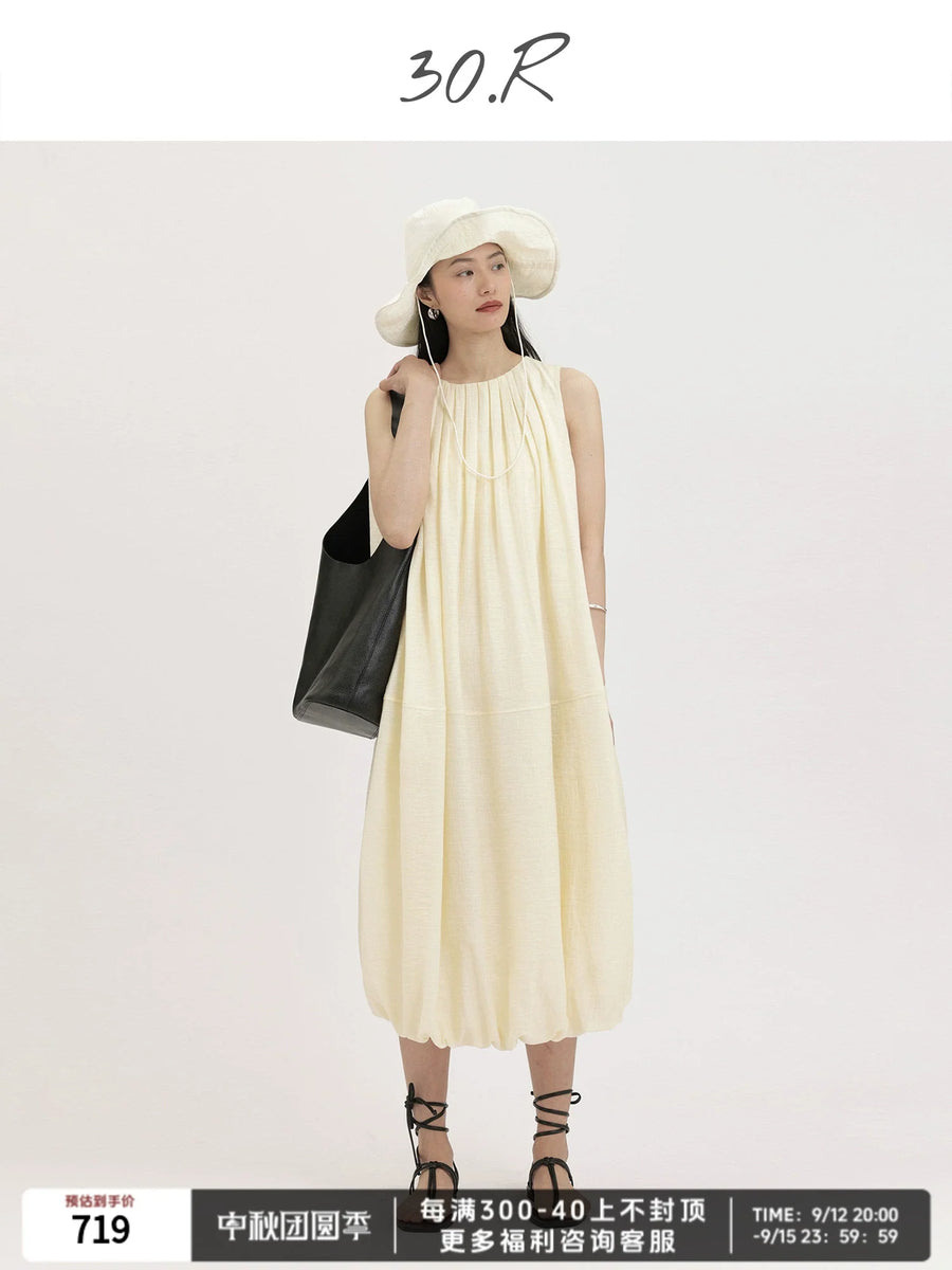 Linen Cotton Pleated Midi Dress