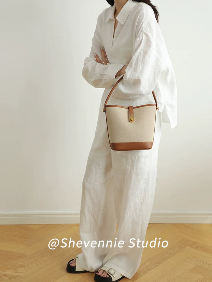 Canvas Leather Bucket Bag