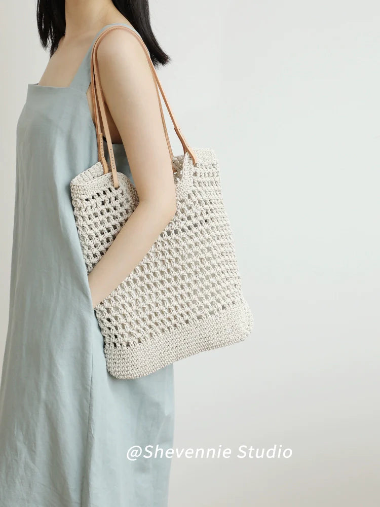 Genuine Leather Woven Shoulder Tote