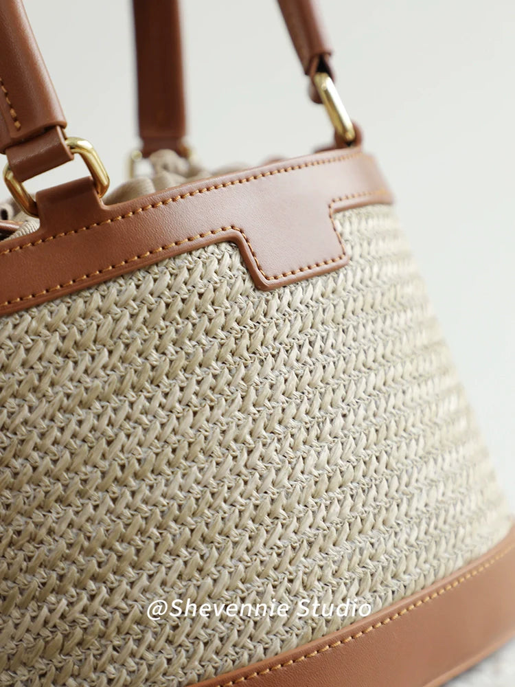 Stitched Straw Bucket Bag