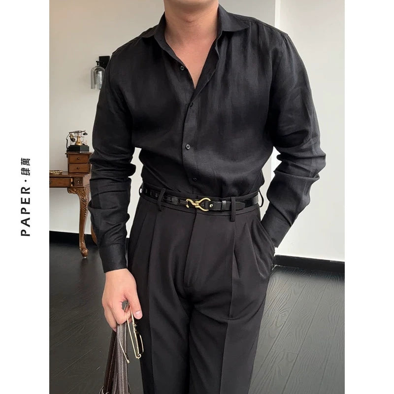 Men's Italian Windsor Collar Long Sleeve Shirt - 100% Linen Coffee Color, Breathable Casual Commuter Shirt