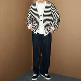 Striped Hollow Loose Knit Sweater Cardigan for Men