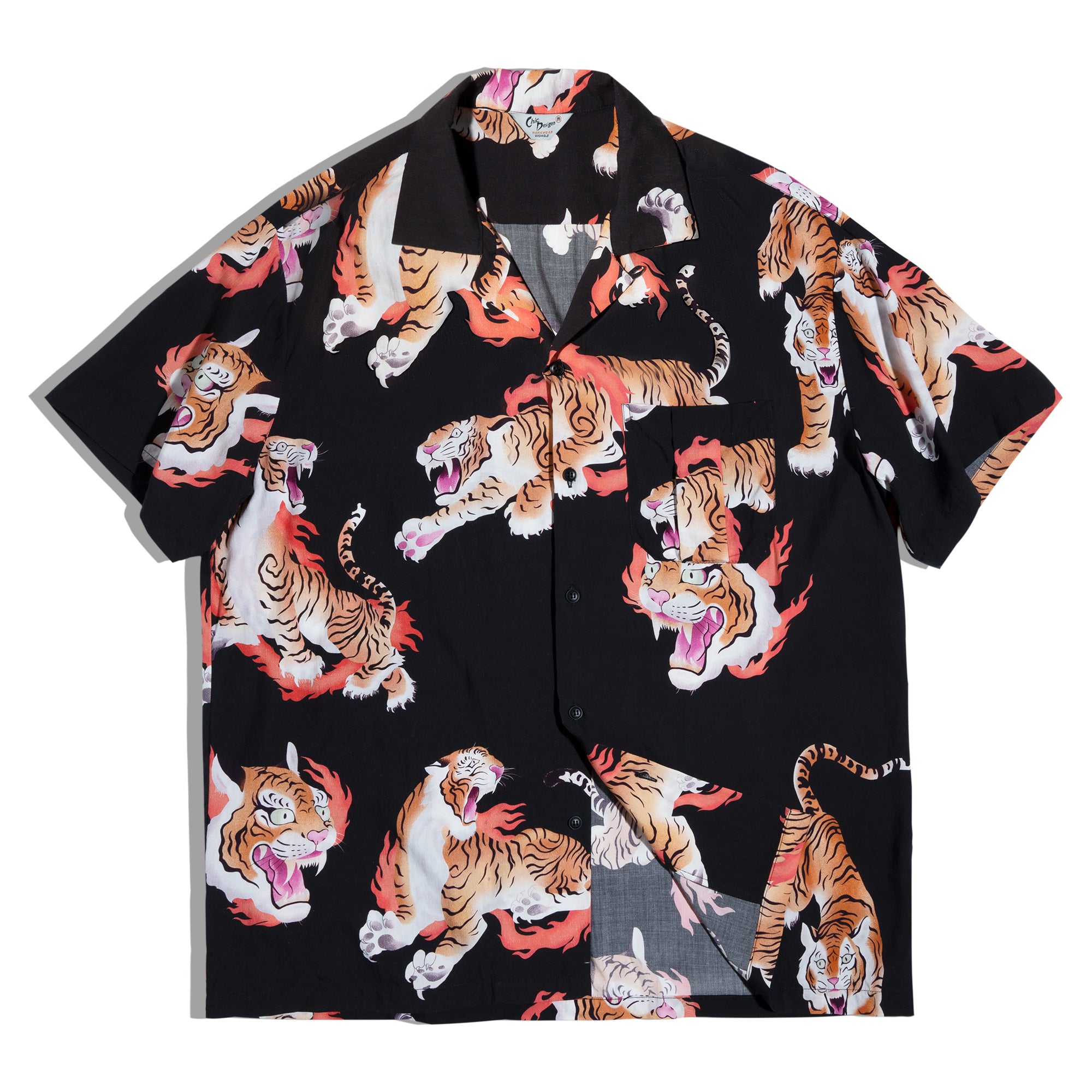 Retro Collar Ukiyo-e Tiger Beach Shirt Men's Hawaiian Ruffian Print