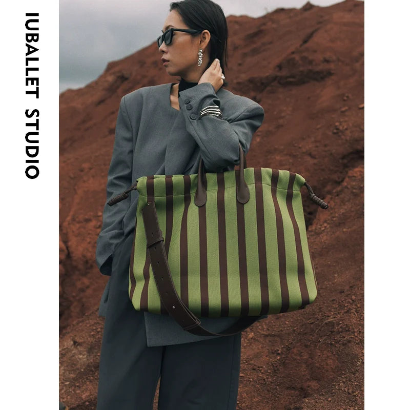 Green Striped Leather Tote