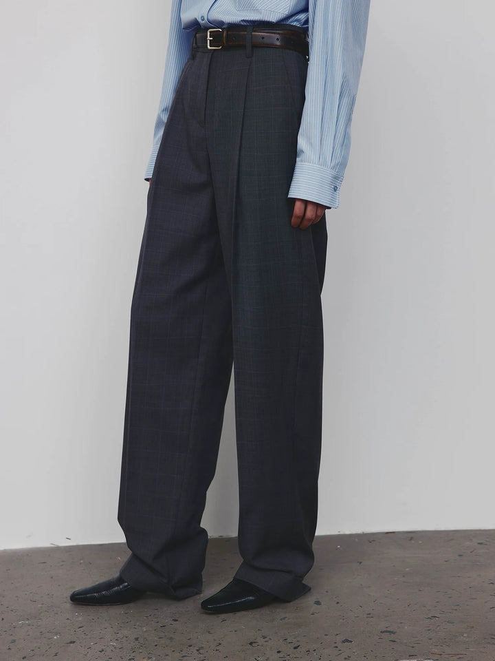 Wool Plaid Tapered Trousers