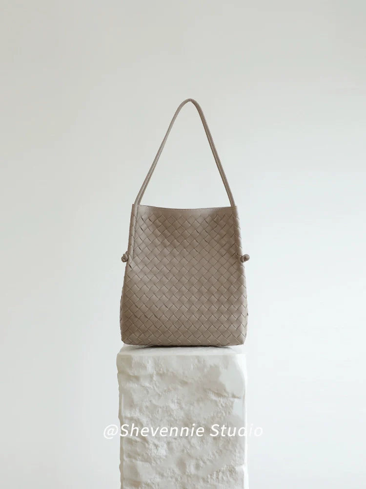 Woven Leather Bucket Tote