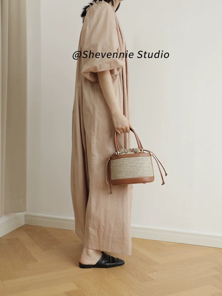 Stitched Straw Bucket Bag