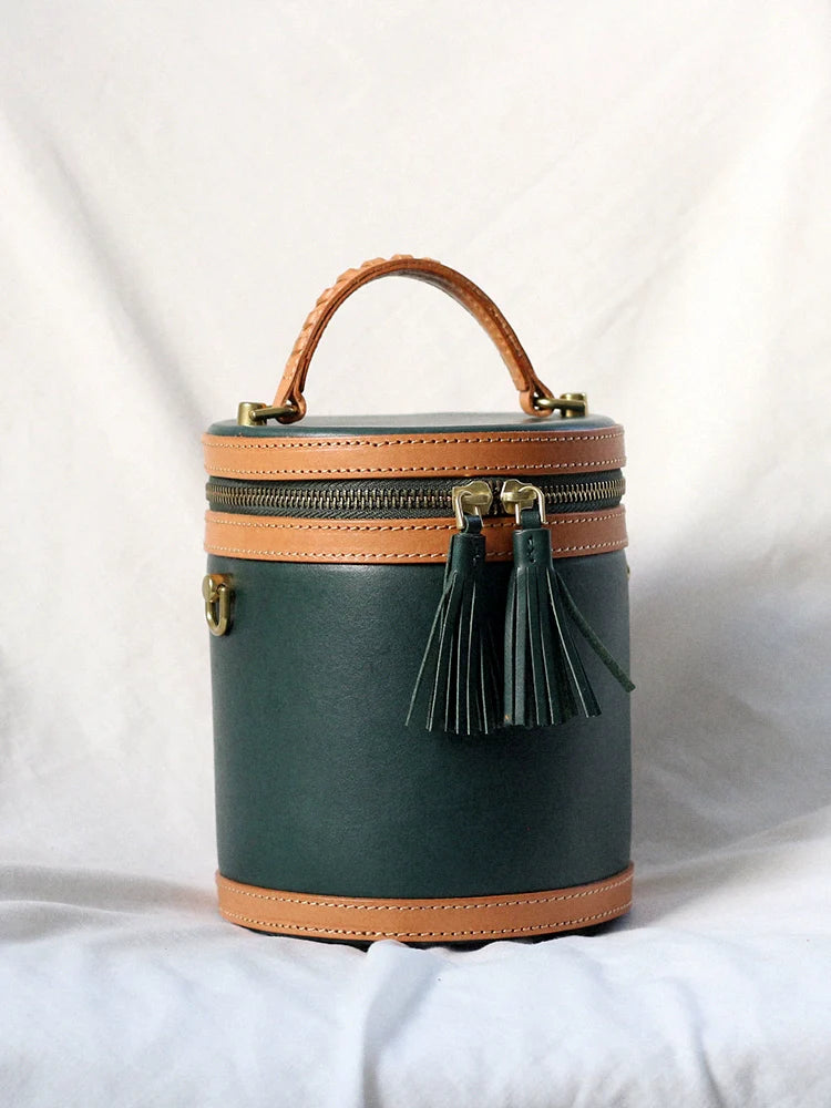 Dark Green Leather Tassel Bag