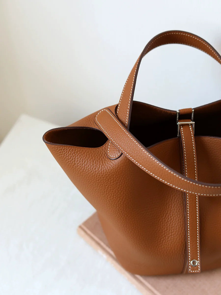 Golden Brown Leather Bucket Bag