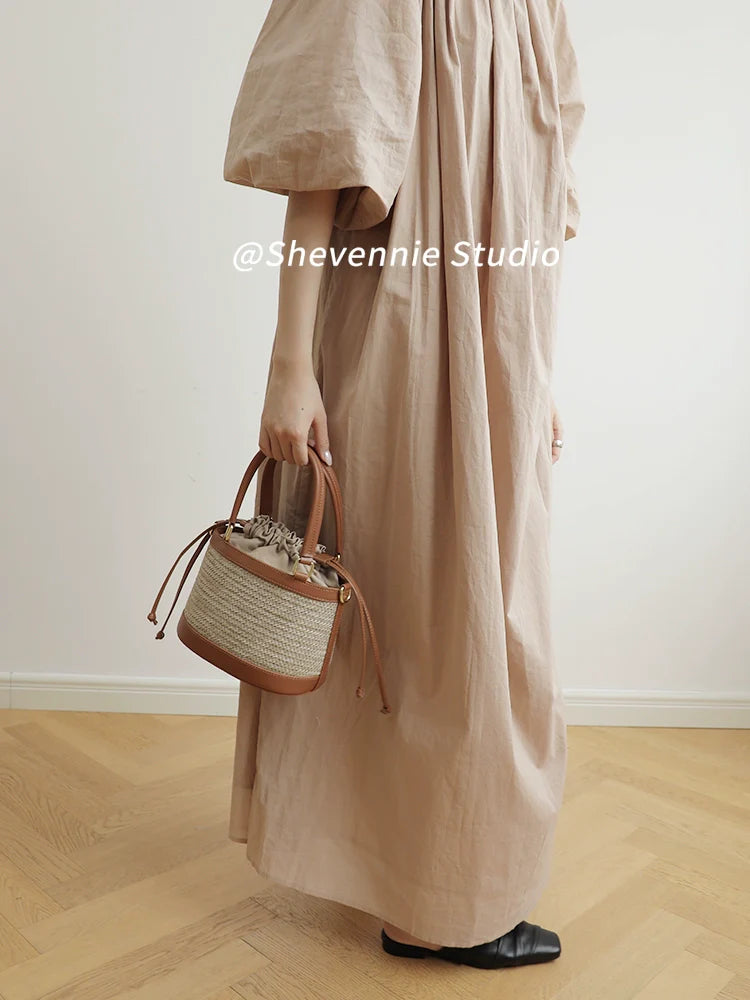 Stitched Straw Bucket Bag