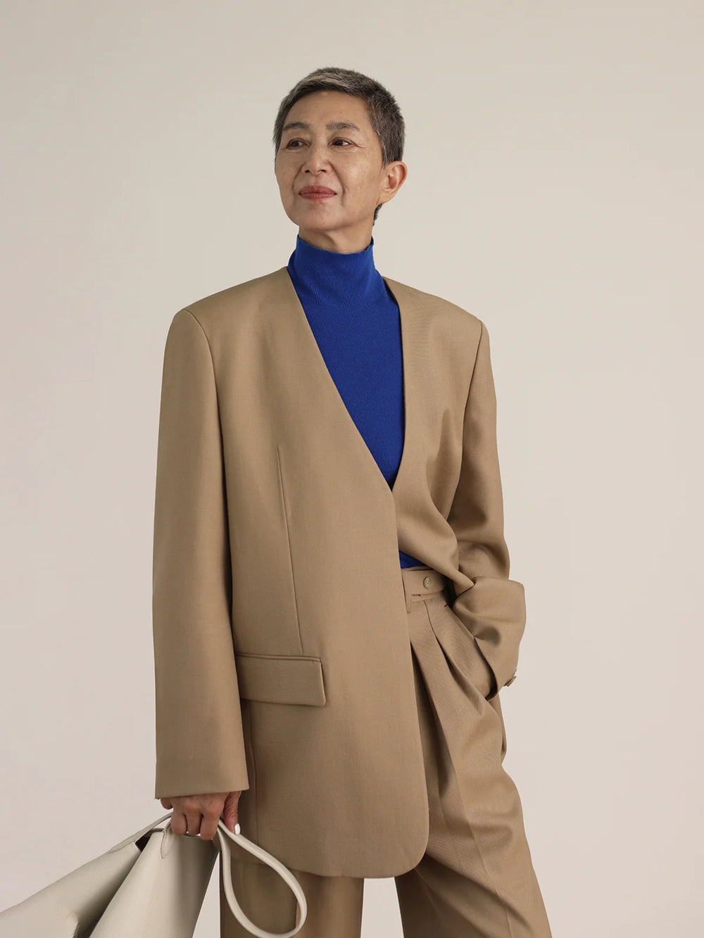 Wool Twill Collarless Blazer