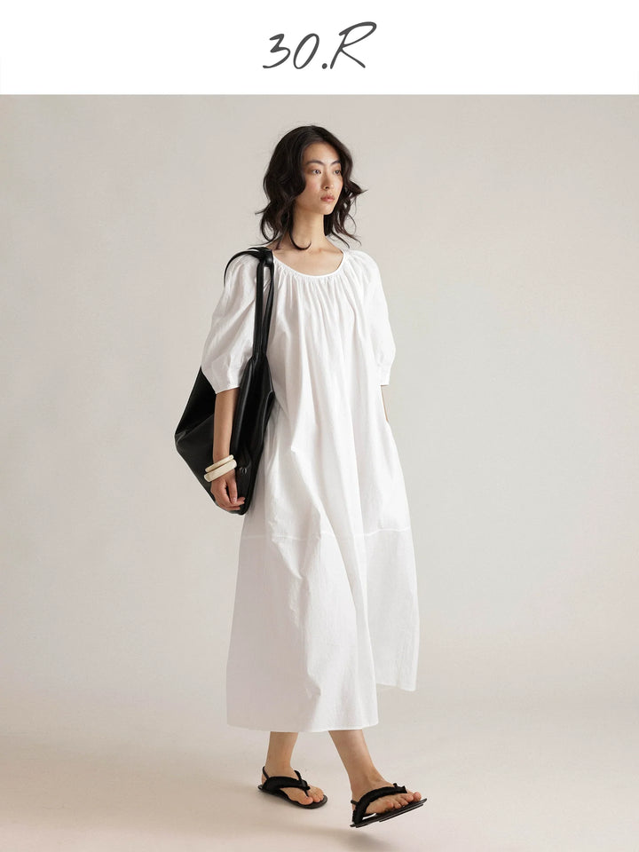 Natural Cotton Pleated Midi Dress