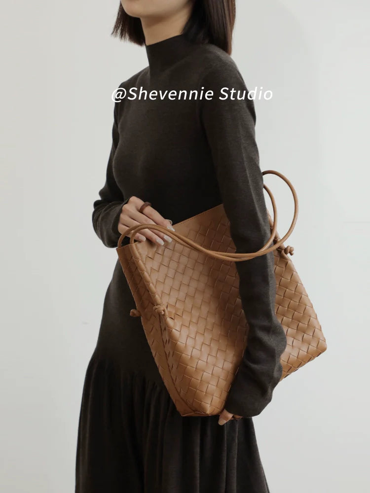 Woven Leather Bucket Tote