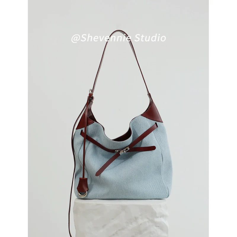 Washed Denim Leather Tote