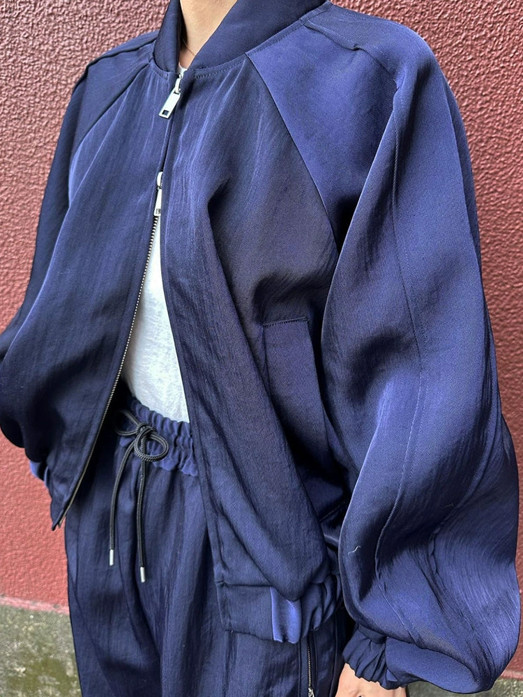 Navy Satin Bomber Jacket