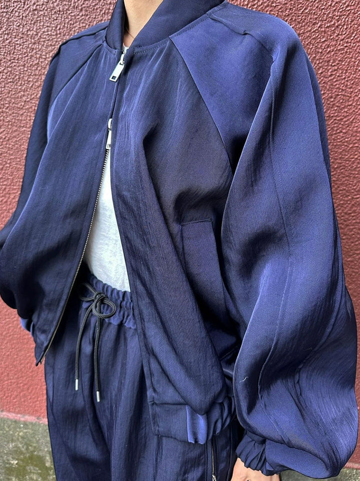 Navy Satin Bomber Jacket