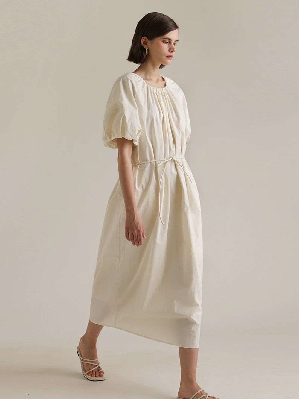 Cotton Puff Sleeve Midi Dress