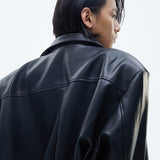 Versatile Leather Jacket with Metal Logo and Shoulder Pad