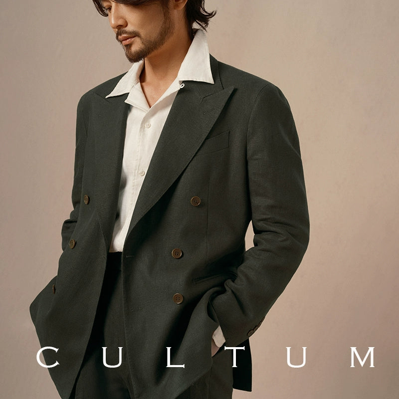 Men's French Linen Double-Breasted Peak Lapel Suit - Italian Naples Spring/Summer Casual Blazer Set