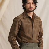 en's Italian Striped Pure Cotton Seersucker Shirt - One-Piece Collar Long Sleeve Lightweight Casual Shirt