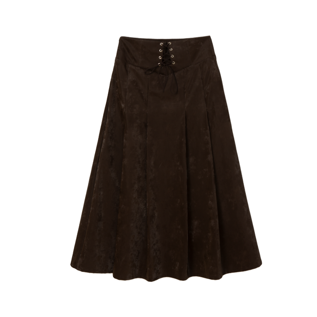 Maroon Pleated Leather A-line Skirt