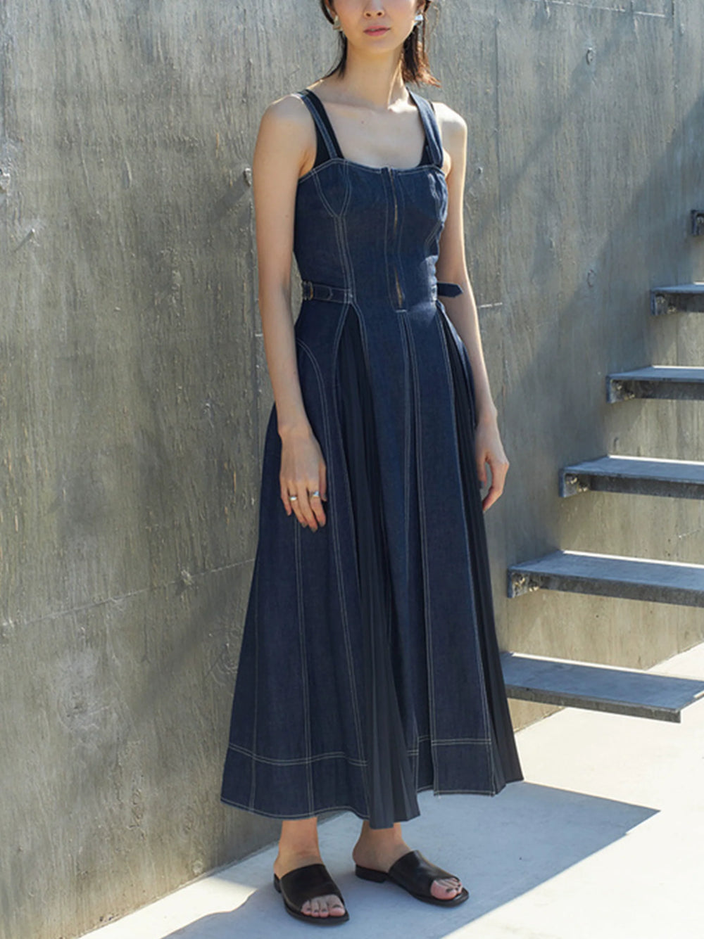 Denim Pleated Suspender Dress