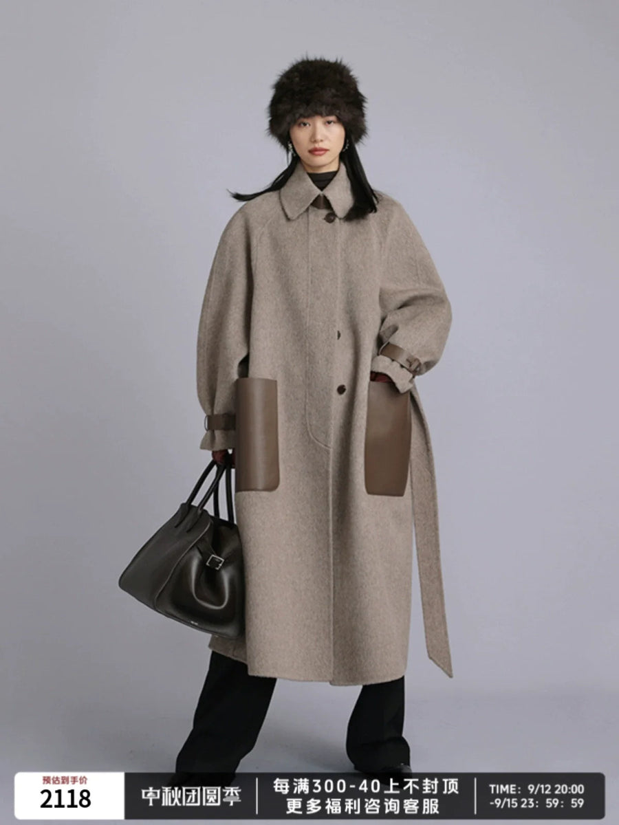 Lambskin Spliced Woolen Coat