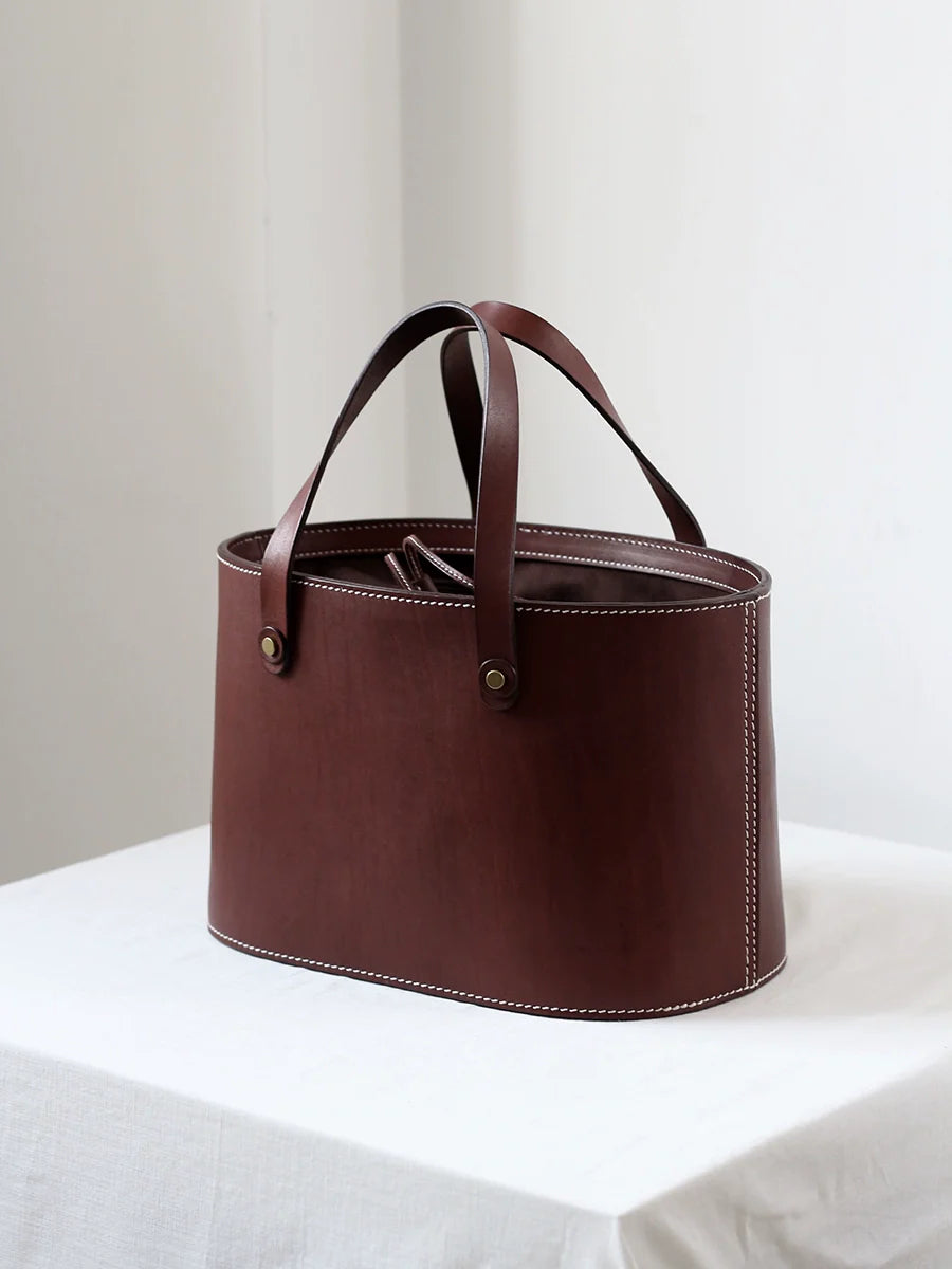 Coffee Brown Leather Bucket Bag