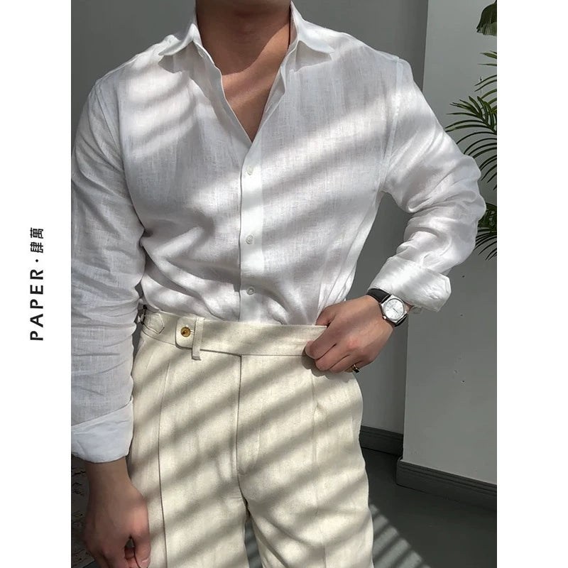 Men's Italian Windsor Collar Long Sleeve Shirt - 100% Linen Coffee Color, Breathable Casual Commuter Shirt