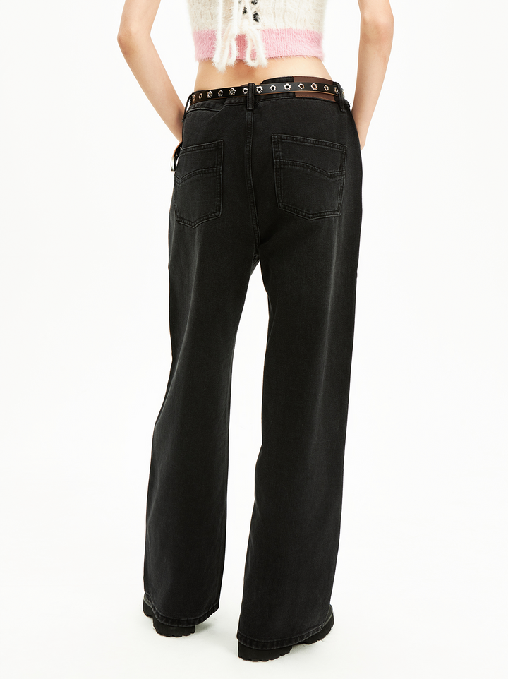 Black Distressed Straight-Leg Jeans