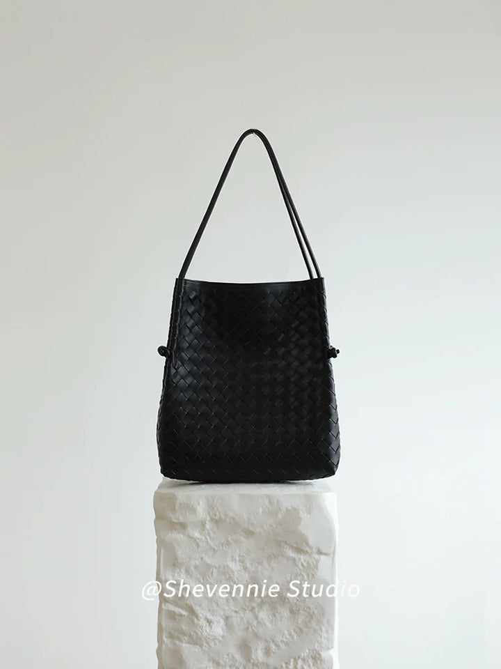 Woven Leather Bucket Tote