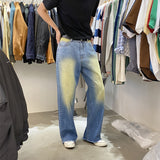 Korean purchasing agent for men and women of the same style live broadcast designer summer old yellowed washed heavy industry wide-leg straight jeans