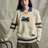 Wool Knit Pullover Sweater with Vintage Towel Embroidery