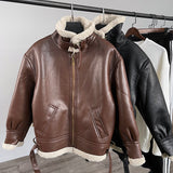 Winter Patchwork Lamb Wool Leather Jacket with Fur-Integrated Design