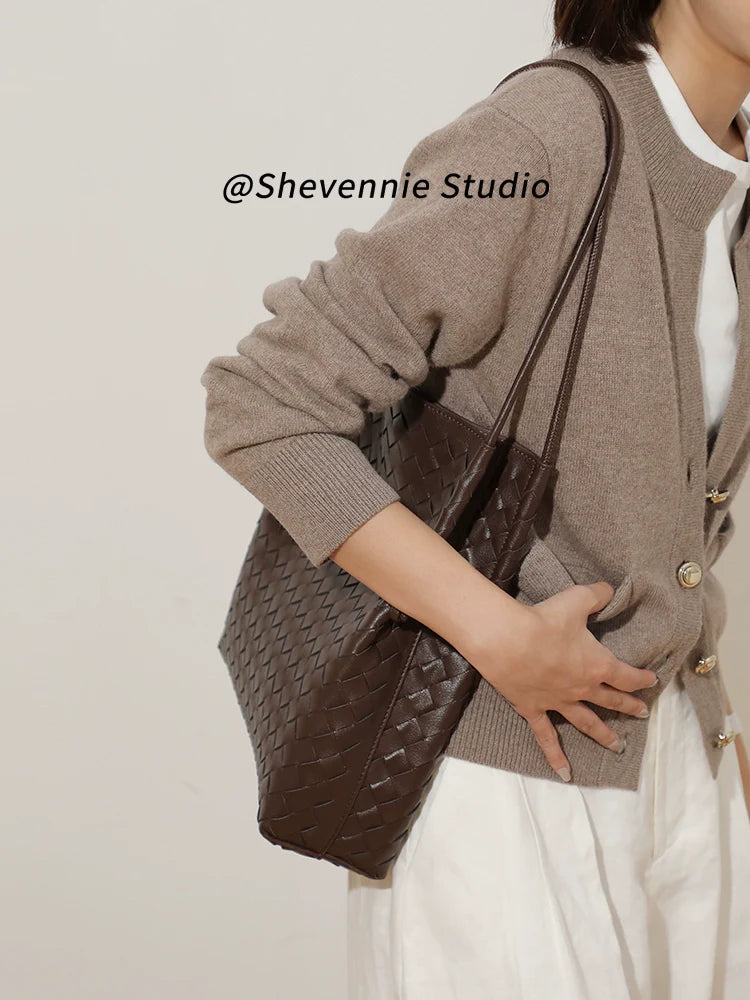 Woven Leather Bucket Tote