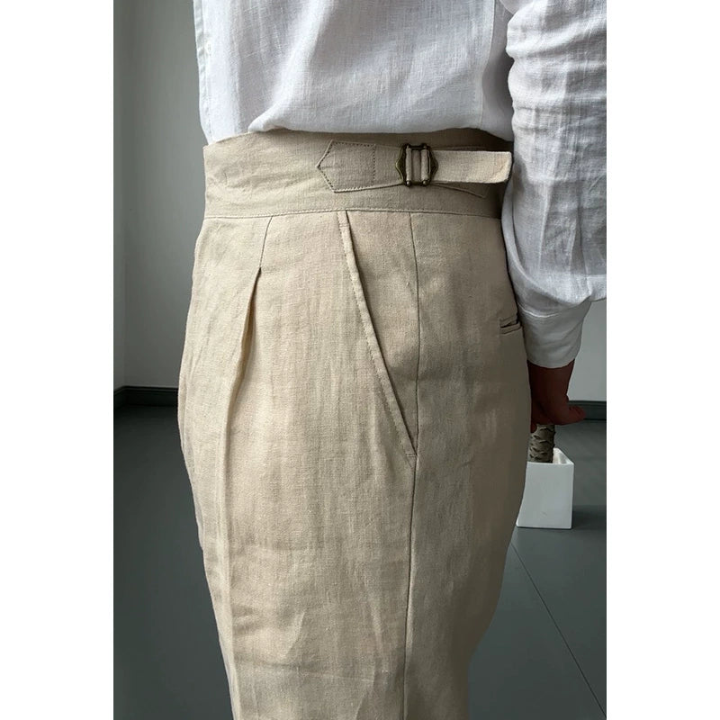 Men's Spring/Summer Linen Gurkha Series High-Waisted Pants - Vintage Breathable Casual Fashionable Business Beige Trousers