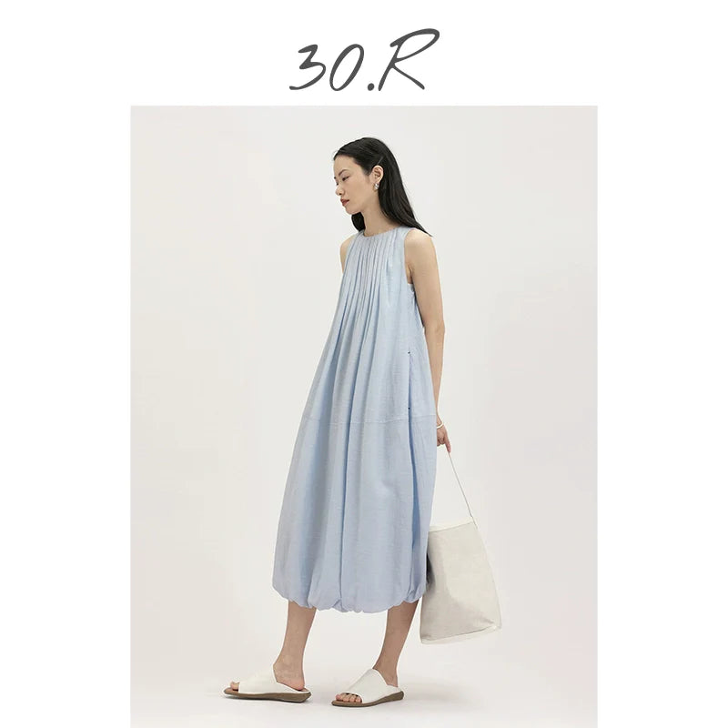 Linen Cotton Pleated Midi Dress