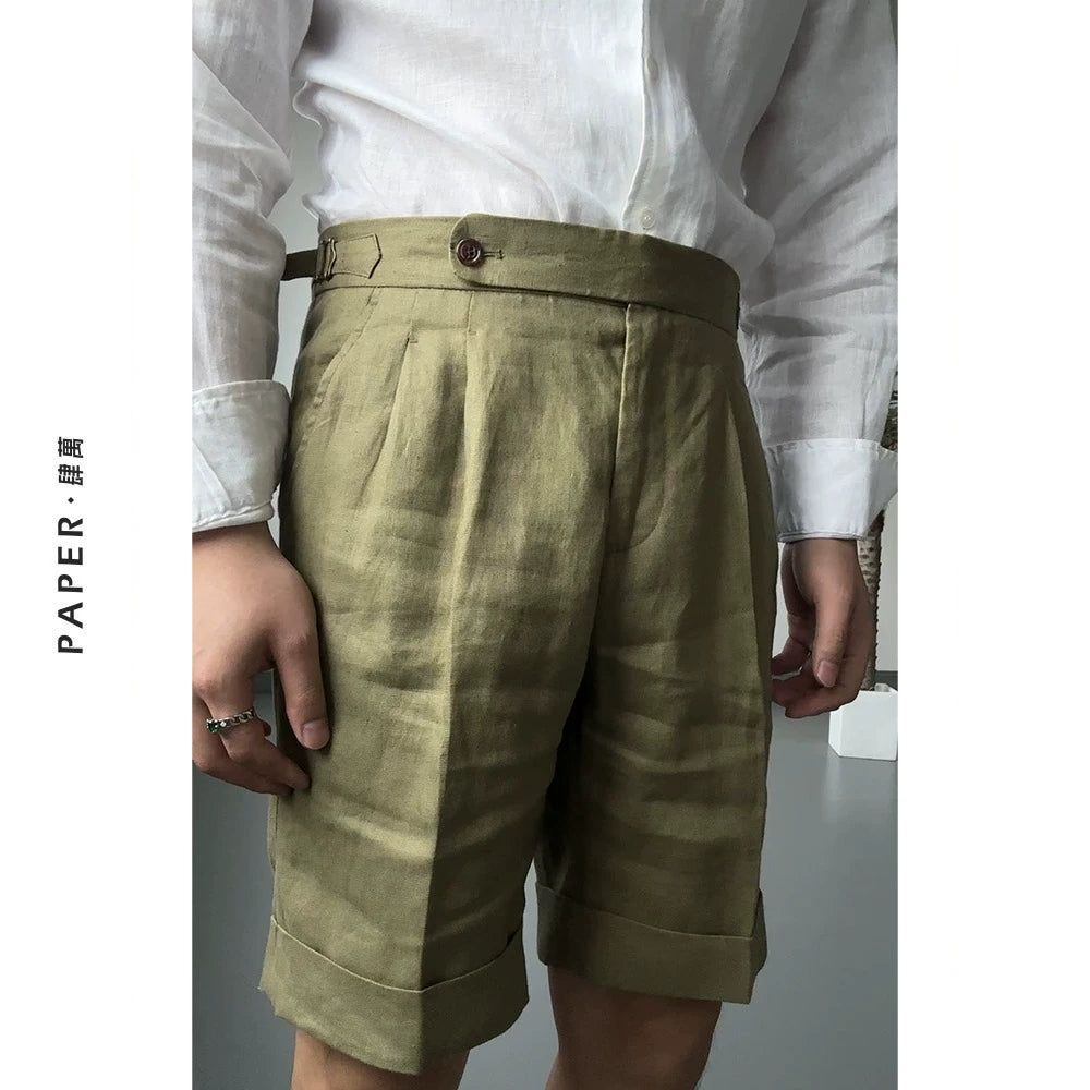 Men's  Pure Linen Naples Mid-Rise Shorts - Breathable Solid Color Casual Knee-Length Shorts