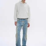 Ice Blue Bootcut Jeans with Washed Distress, Faded Whiskers, and Scratches