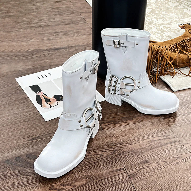 White Metal Buckle Biker Boots