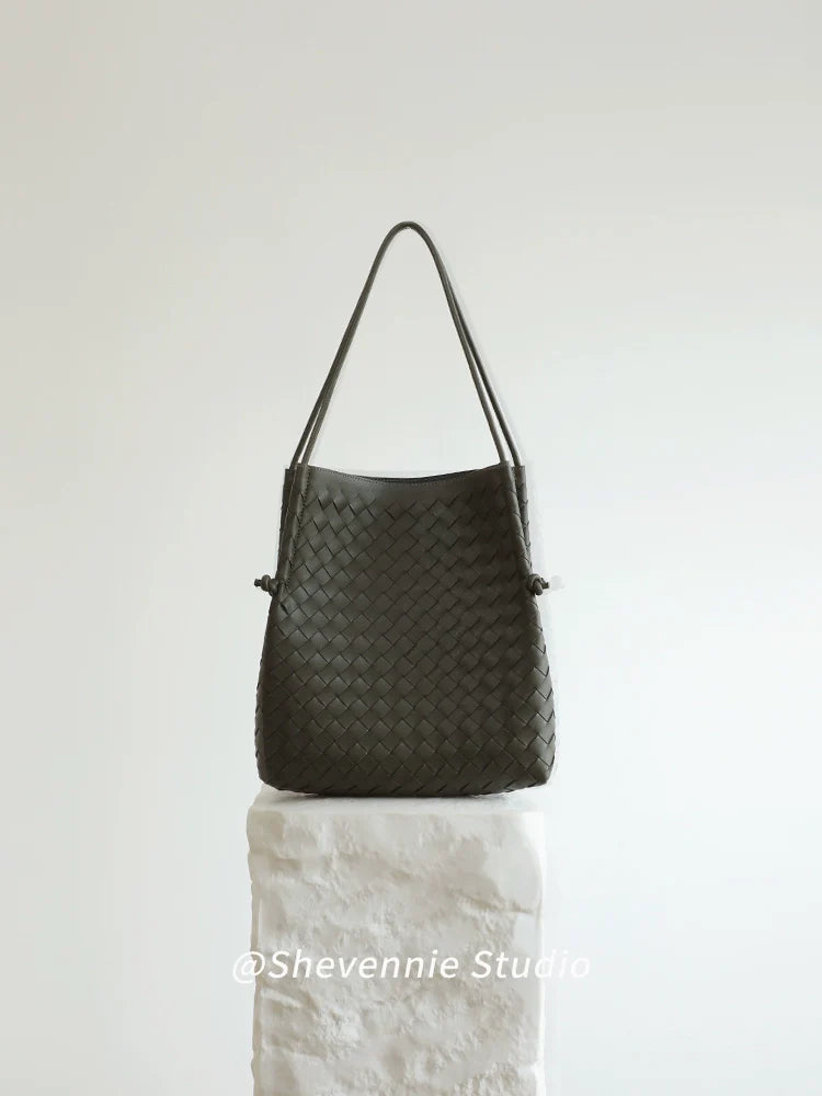 Woven Leather Bucket Tote