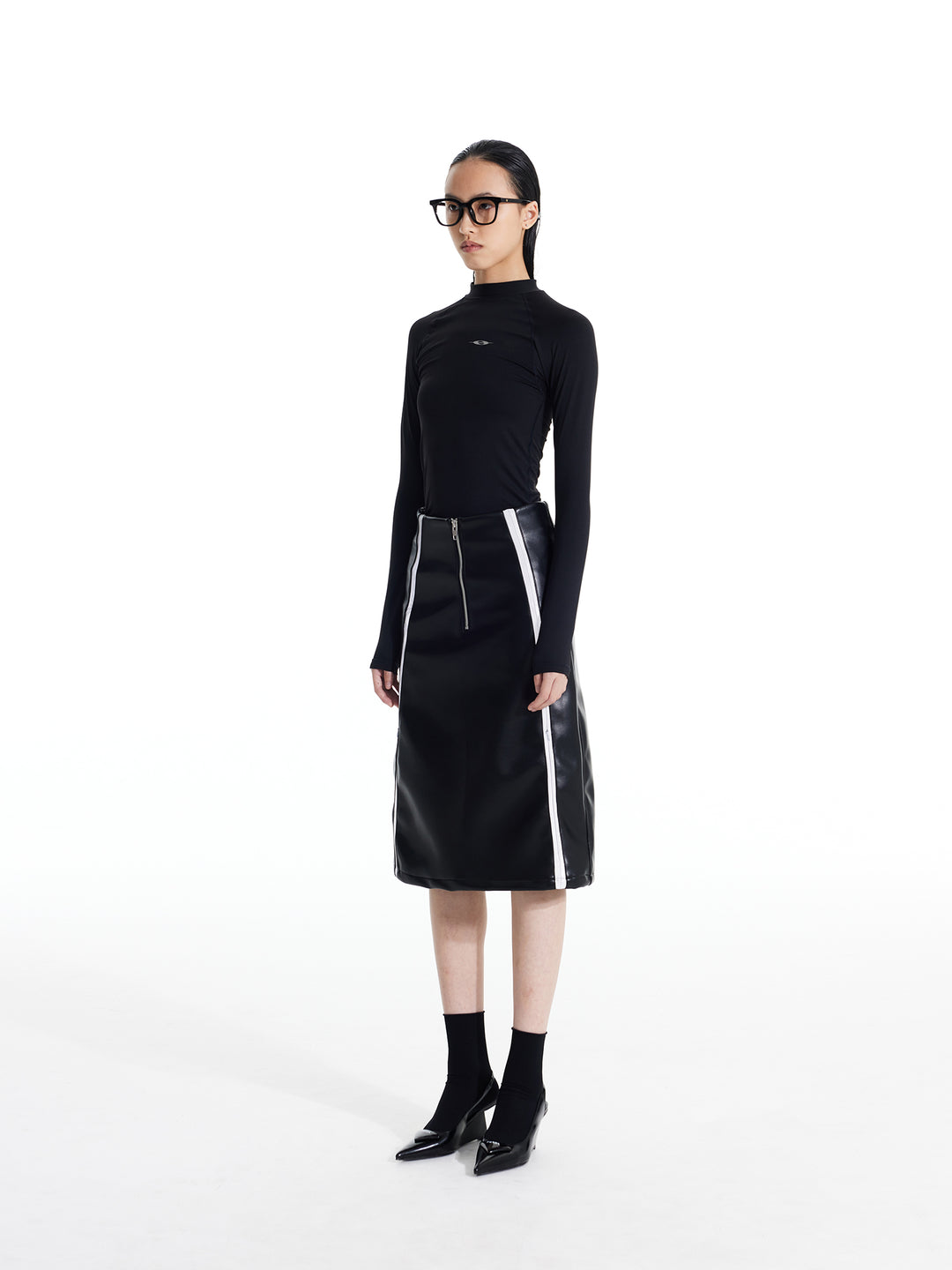 Reflective Leather Midi Skirt