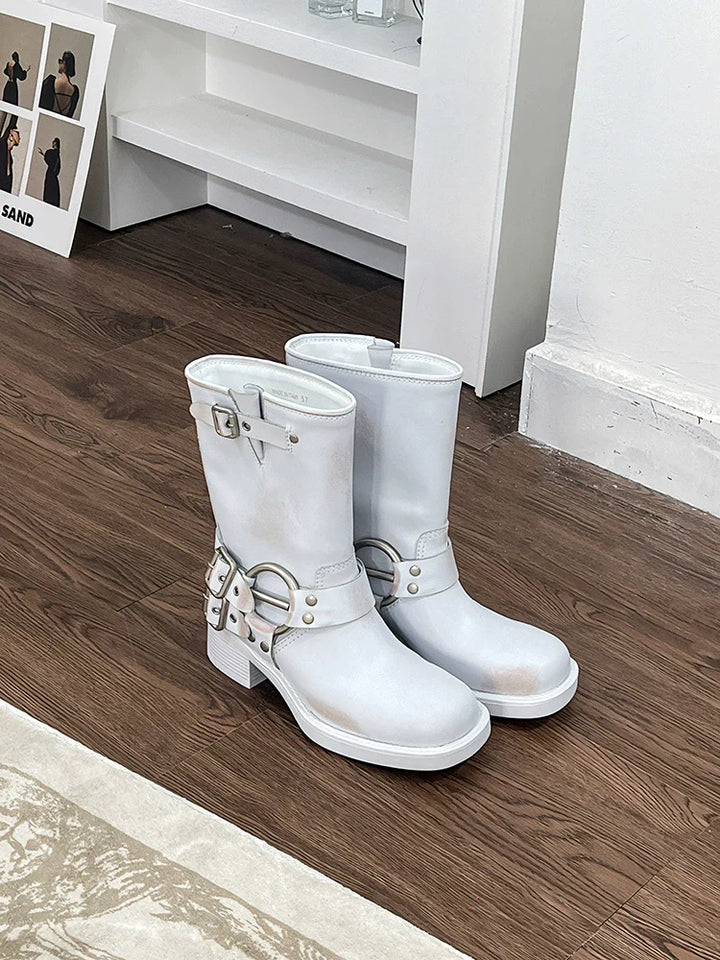 White Metal Buckle Biker Boots