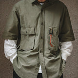 American Retro Mountain Shirt Army Green Short-Sleeved Multi-Pocket