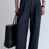 Denim Cotton Hollywood Double Pleated Loose Wide-leg Trousers