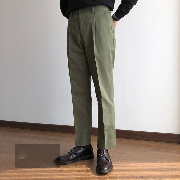 Single Pleated Twill Chino Straight Cotton Trousers